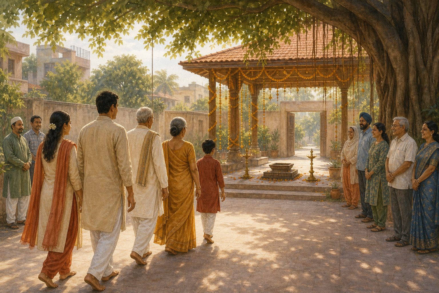 A family walks toward a flower-decorated Hindu ceremony in a neighborhood courtyard while nearby residents greet one another beneath a banyan tree.
