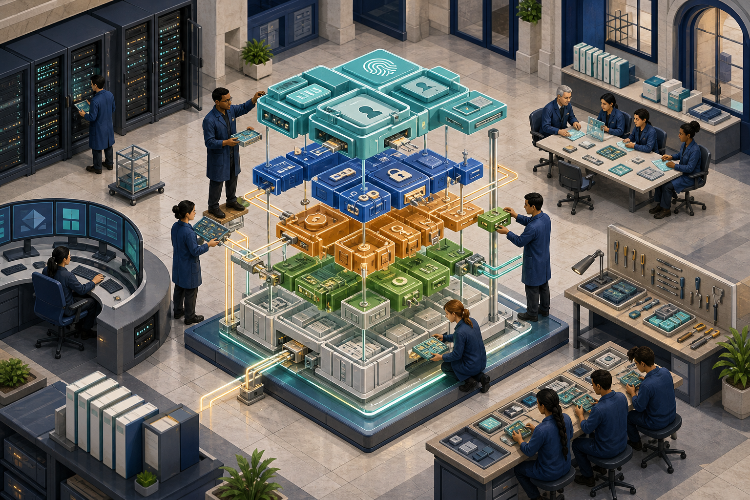 Isometric cutaway of local engineers inspecting replaceable modules in an open digital identity system surrounded by servers, security operations, governance review, and training facilities.