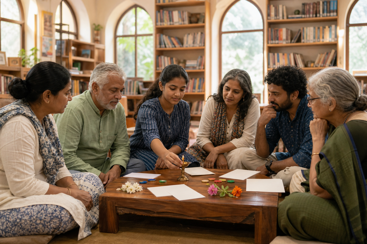 A multigenerational group discusses plans around a library table holding blank cards, flowers, colored tokens and a brass lamp.