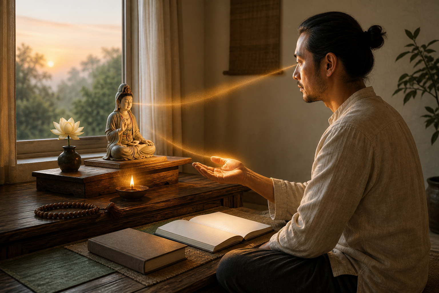 A practitioner sits before a small home shrine, calmly echoing the sacred figure's open hand gesture beside a lamp, beads, flower, and closed book.