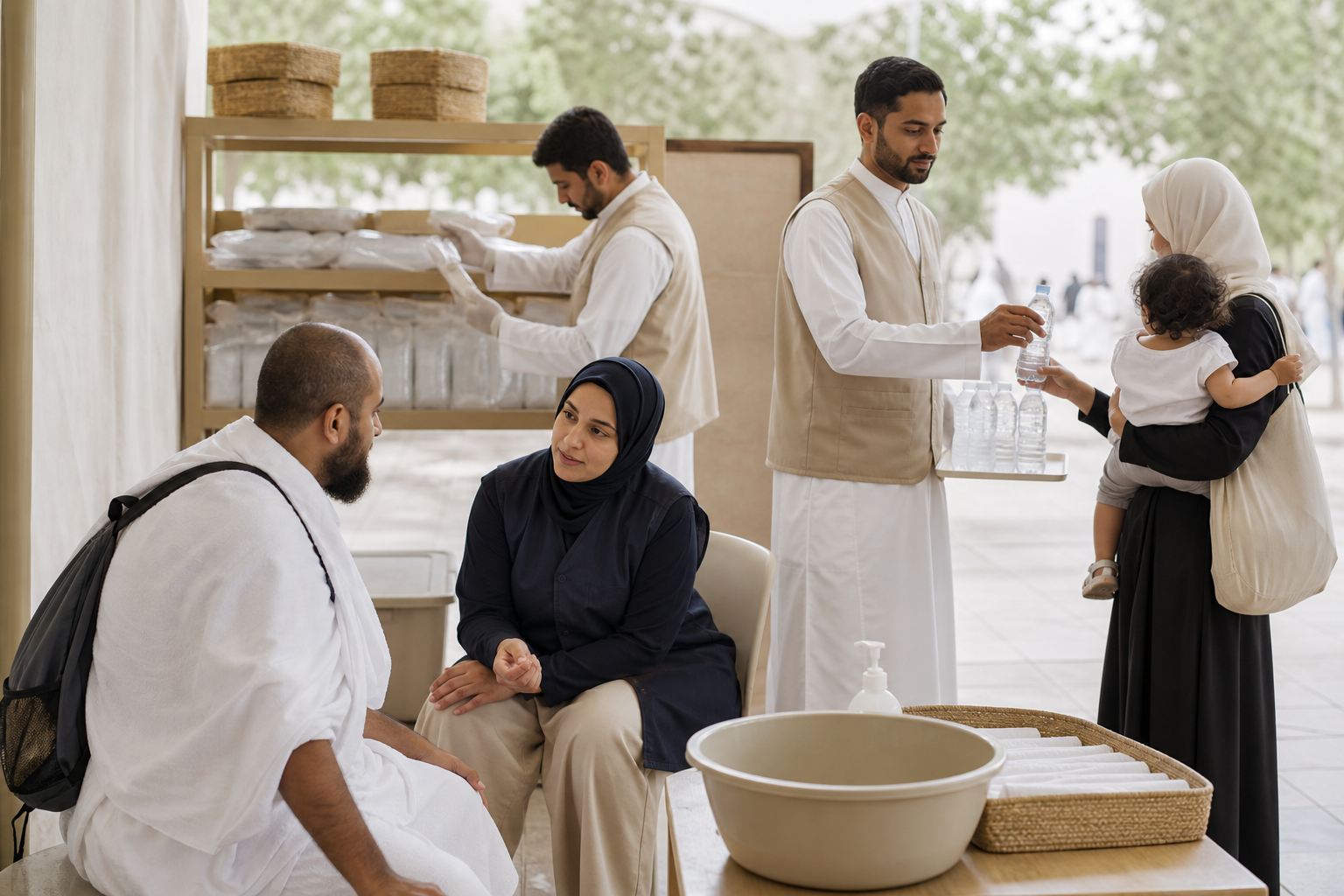 Volunteers respectfully assist seated pilgrims at a clean, orderly aid station with water and medical supplies.
