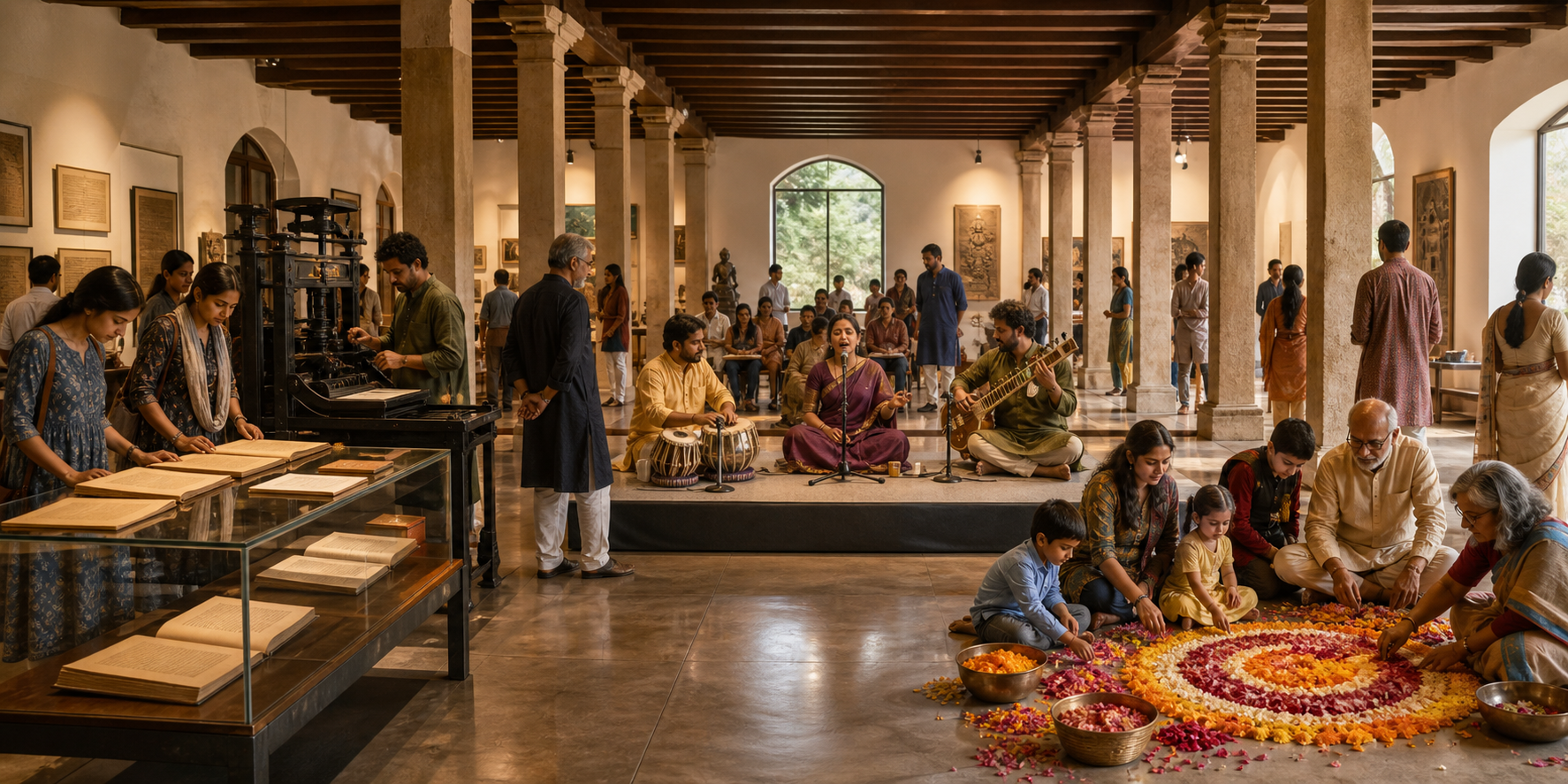 Visitors move between a historical display, a live Indian music performance and a collaborative flower-petal activity in one cultural venue.