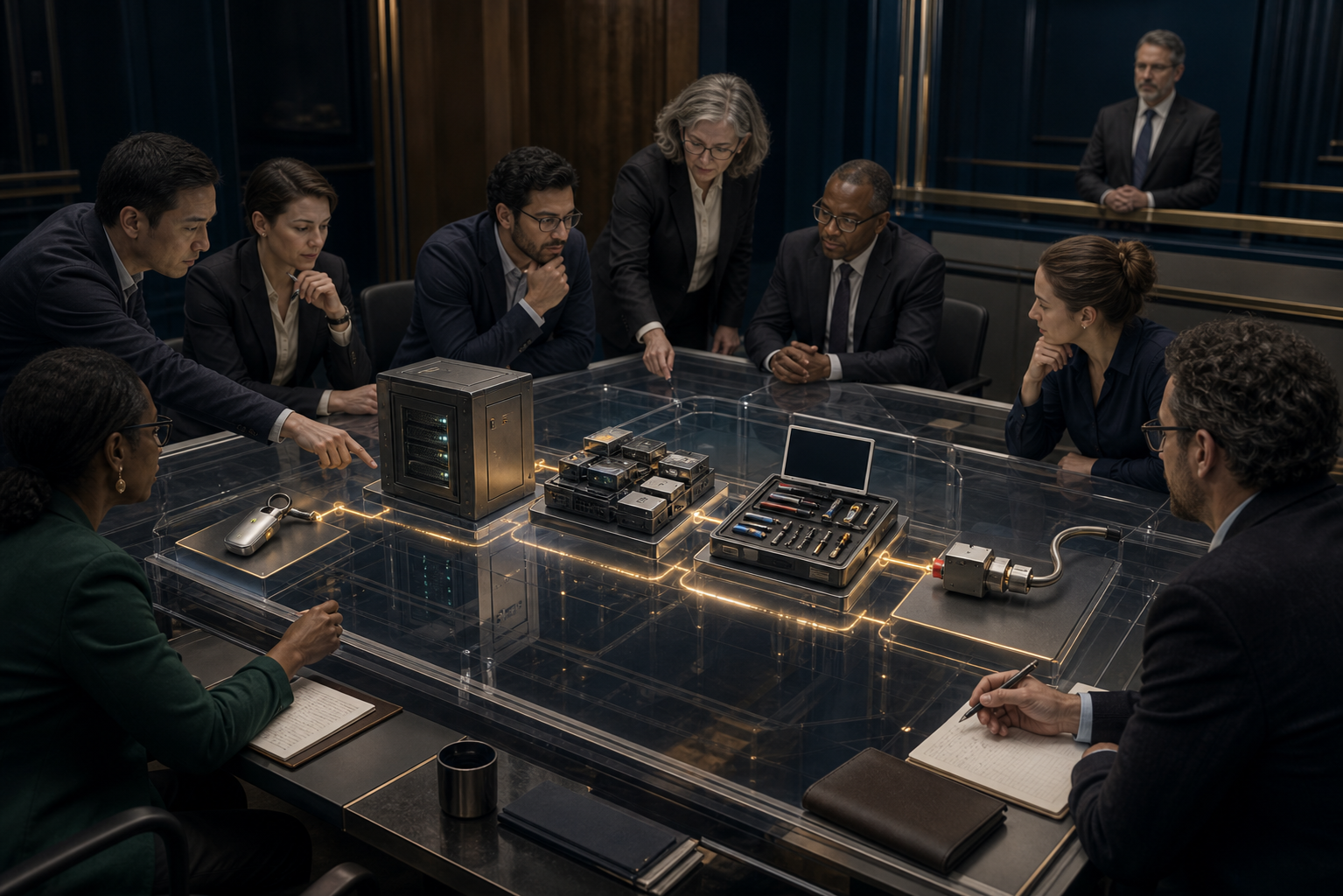 A local review team inspects a security key, data cabinet, modular software, training station, and removable support connection on a transparent audit table.