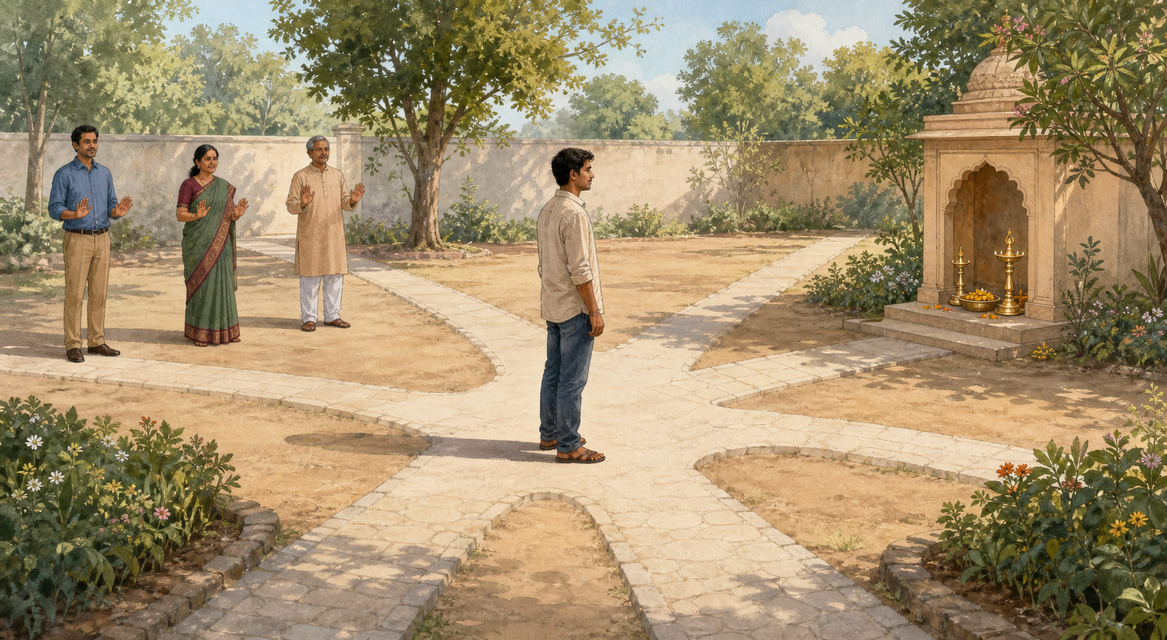 An adult stands alone where several courtyard paths meet while a facilitator and family members wait at a respectful distance.