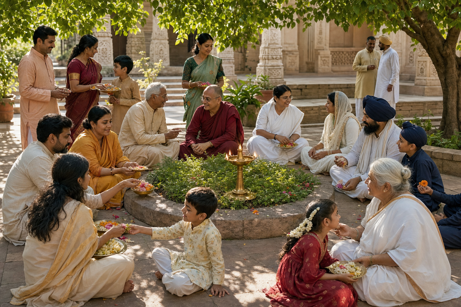 People from several Dharmic communities converse and exchange flowers around a shared courtyard garden and brass lamp.
