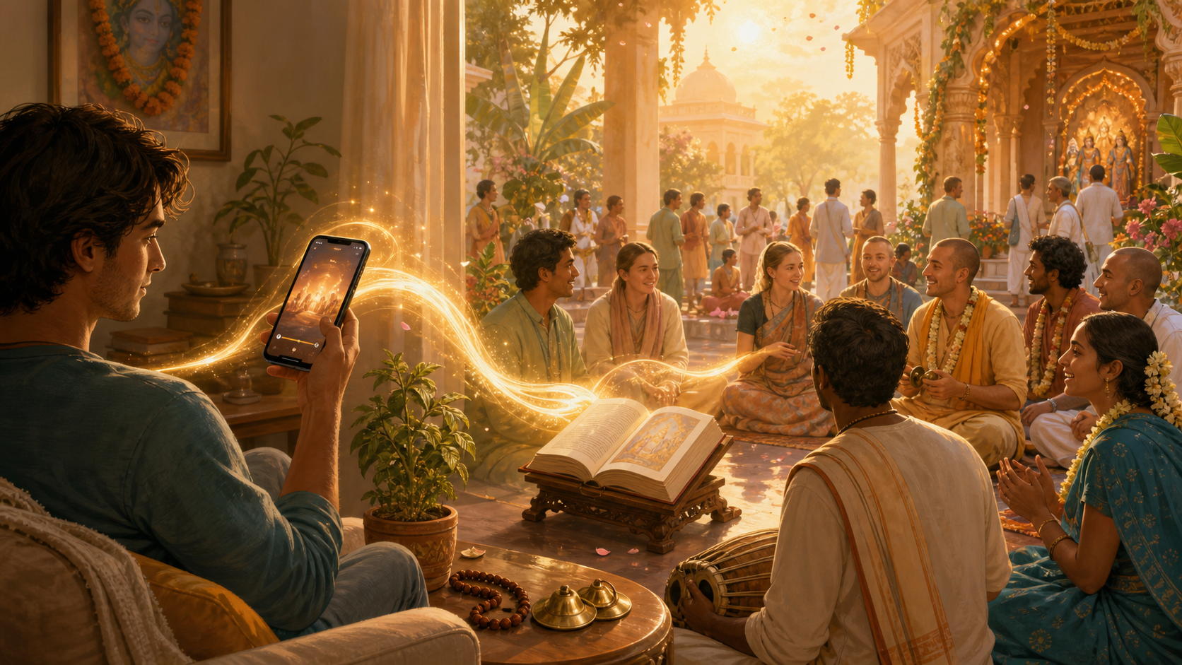 A person follows a symbolic path of golden light from a smartphone and sacred book toward devotees and newcomers gathered in a temple courtyard.