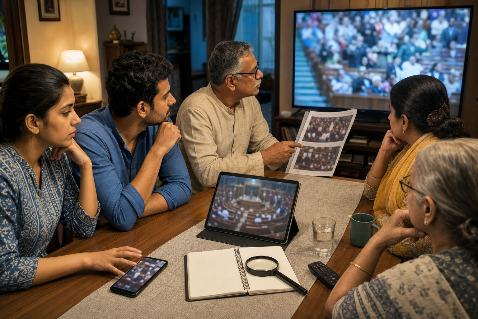 A family compares an indistinct parliamentary video across several devices and a printed page before responding to it.