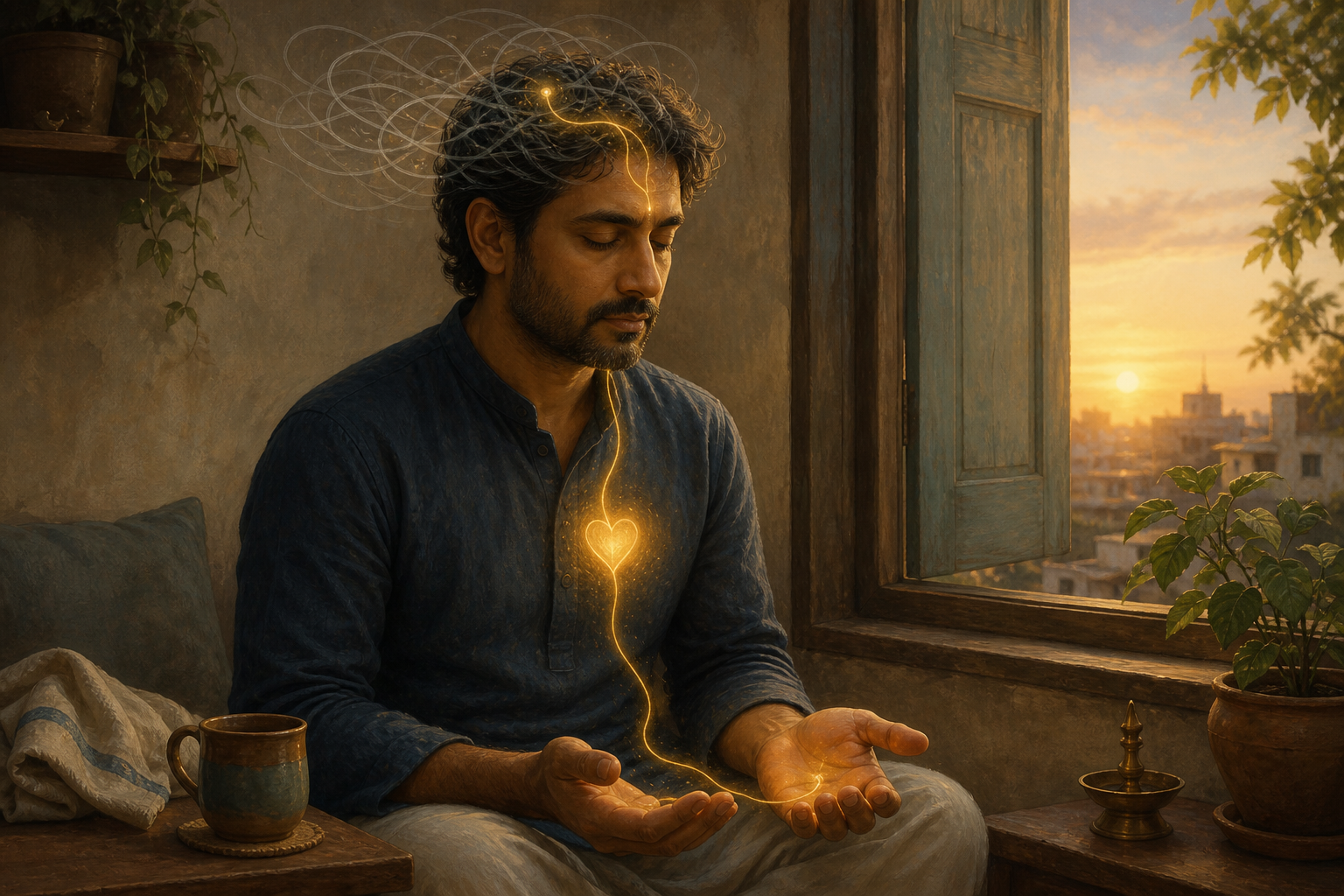 A person sits quietly by a window at dawn as translucent wisps surround the head and a golden thread connects the mind, heart, and open hands.