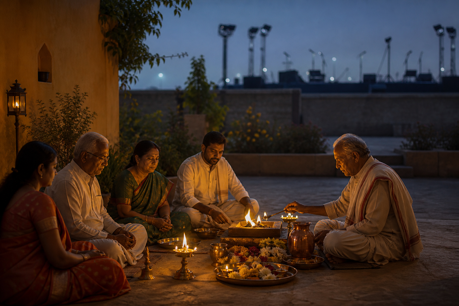 A small group holds a quiet lamp-lit Hindu ritual in a home courtyard, with an empty public stage blurred in the distance.