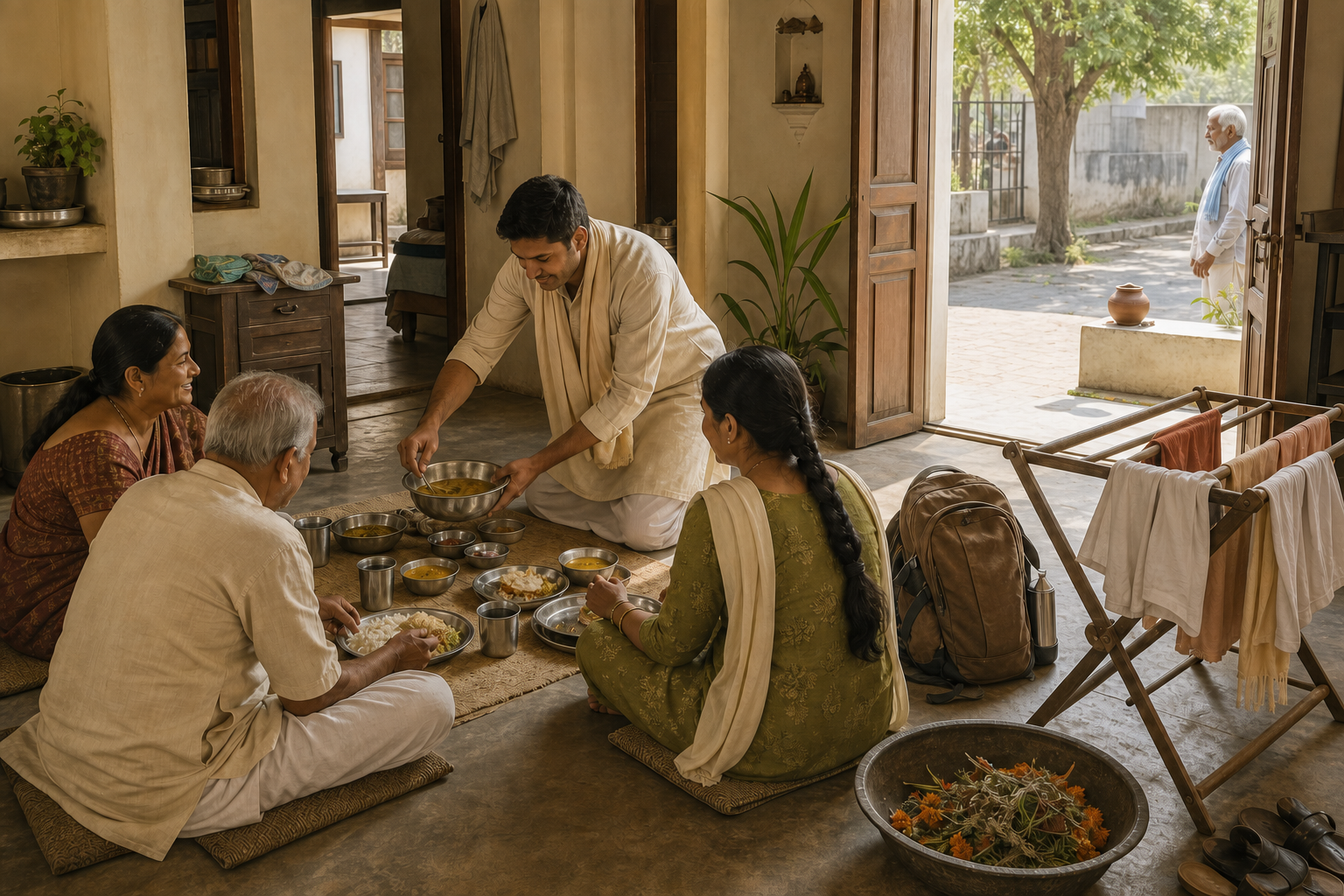 A returned pilgrim serves a simple meal at home while water is set out for passersby near the doorway.