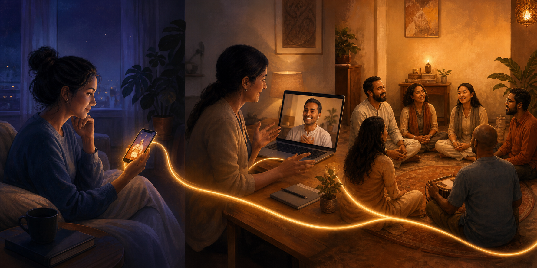 Three connected scenes show a newcomer watching devotional media, speaking with a devotee online and joining a local satsang.