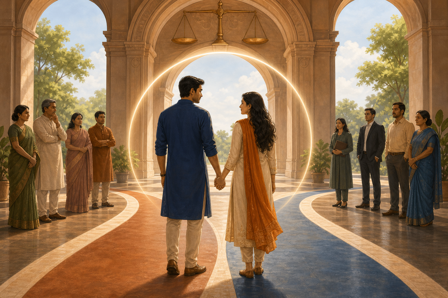 Two adult partners hold hands where separate paths meet beneath a bright civic arch, with balanced scales above and other people standing at a respectful distance.