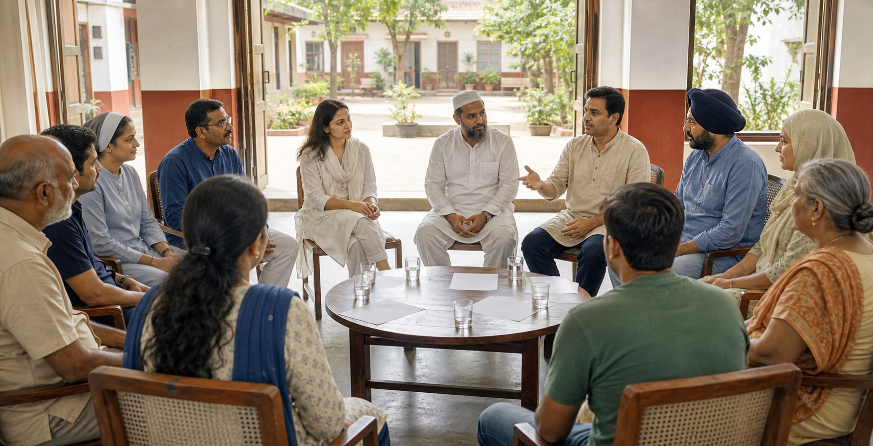Residents of different ages and faiths sit in an evenly spaced listening circle with a neutral facilitator in a civic hall.