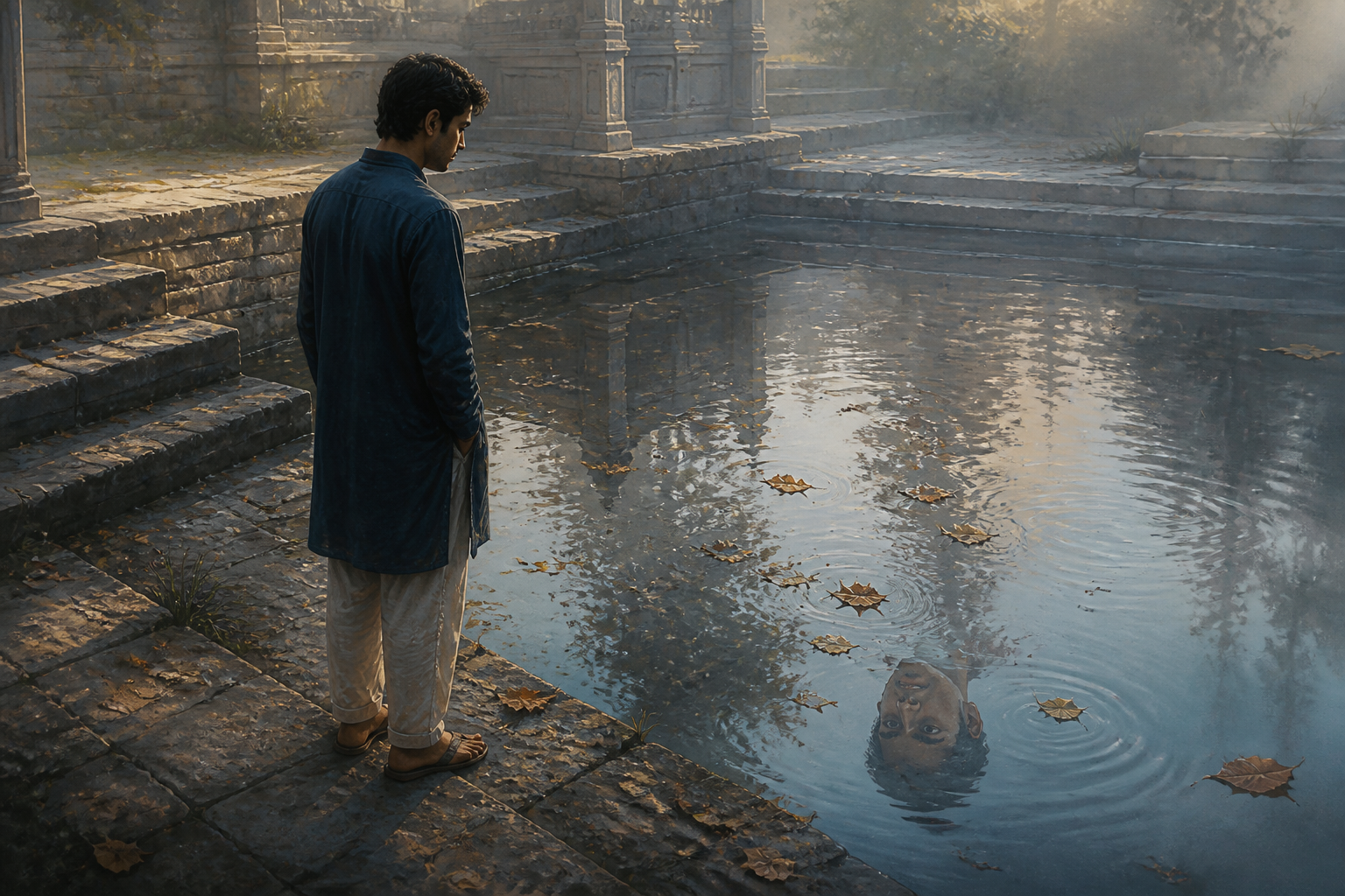 A person observes their reflection in a calm stepped pond while leaves and ripples move across the water.