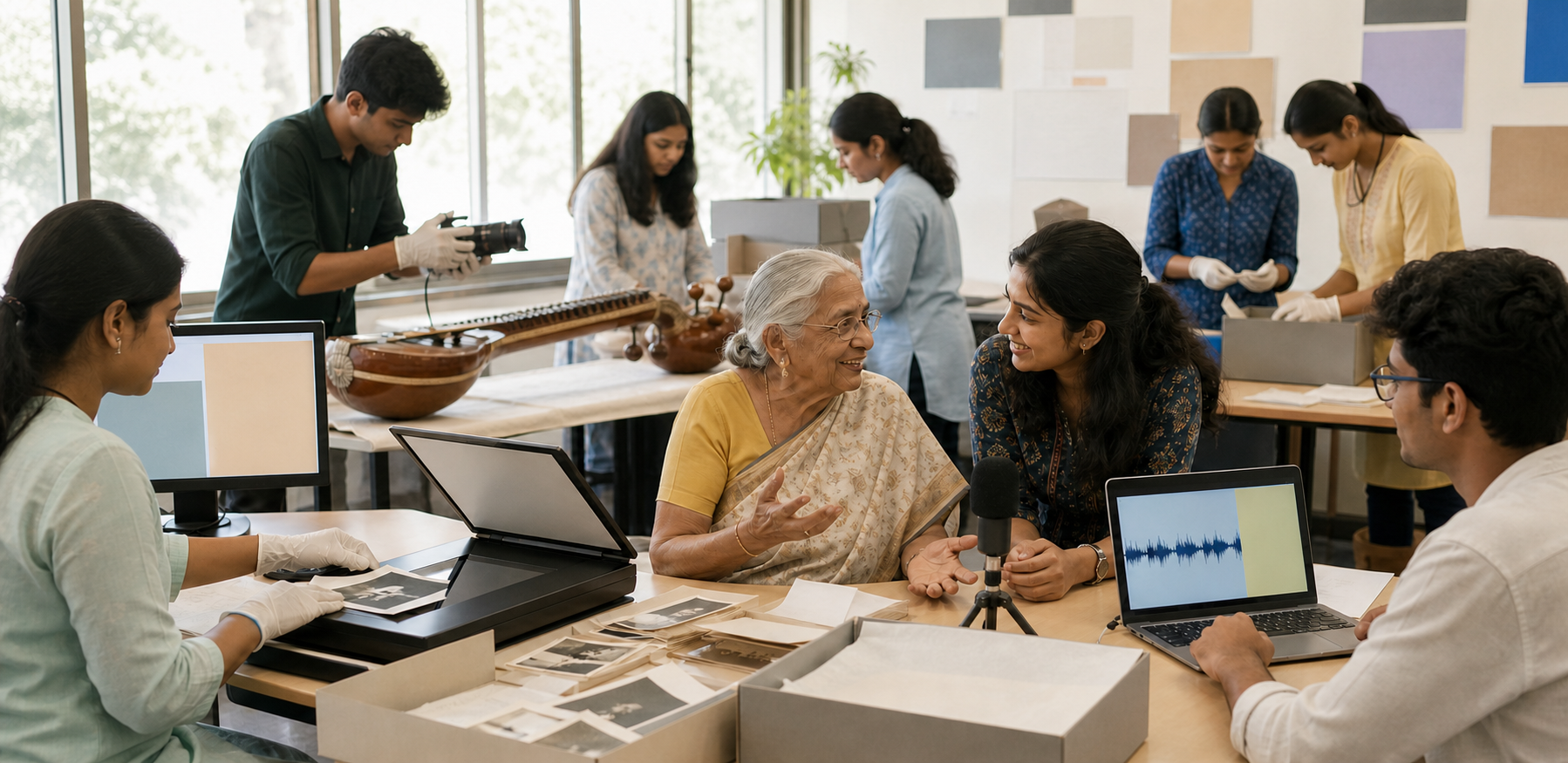 Young volunteers record an elder, digitize photographs and document a musical instrument during a community archive workshop.