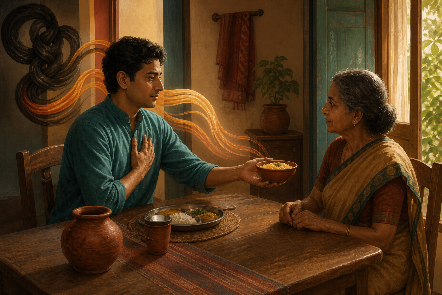 A person offers a bowl of food to an older family member as a dark knotted form behind them loosens into a warm flowing strand.