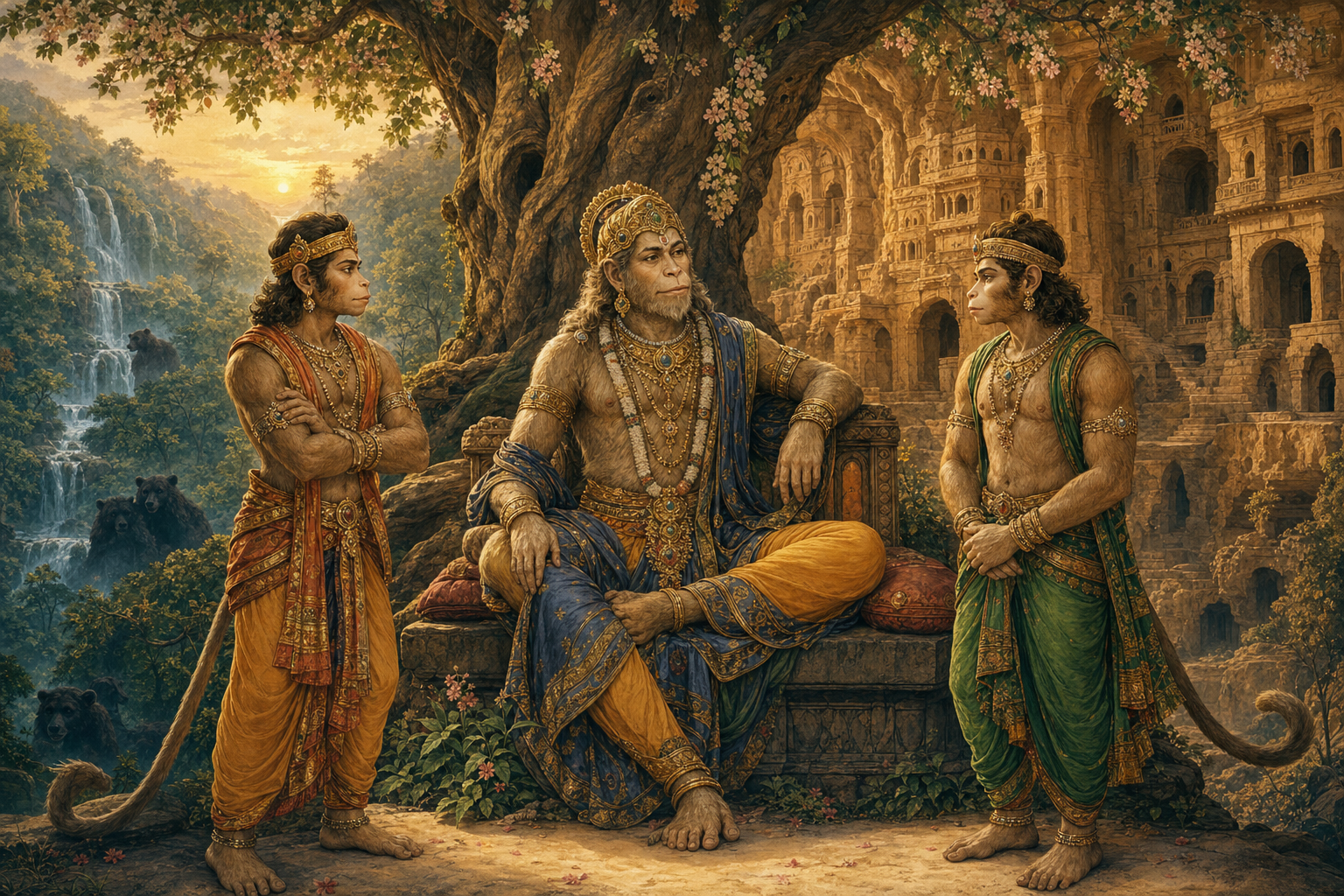 Riksharajas sits beneath a large tree in Kishkindha with the young vanara princes Bali and Sugriva standing on either side.