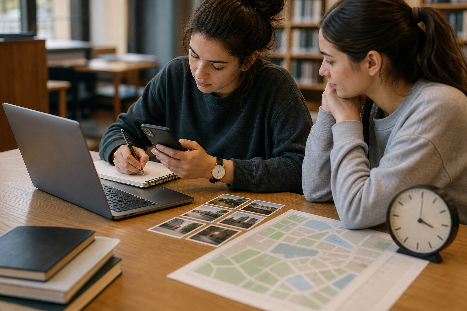 A student documents an incident on a laptop at a library table while a trusted friend sits nearby.