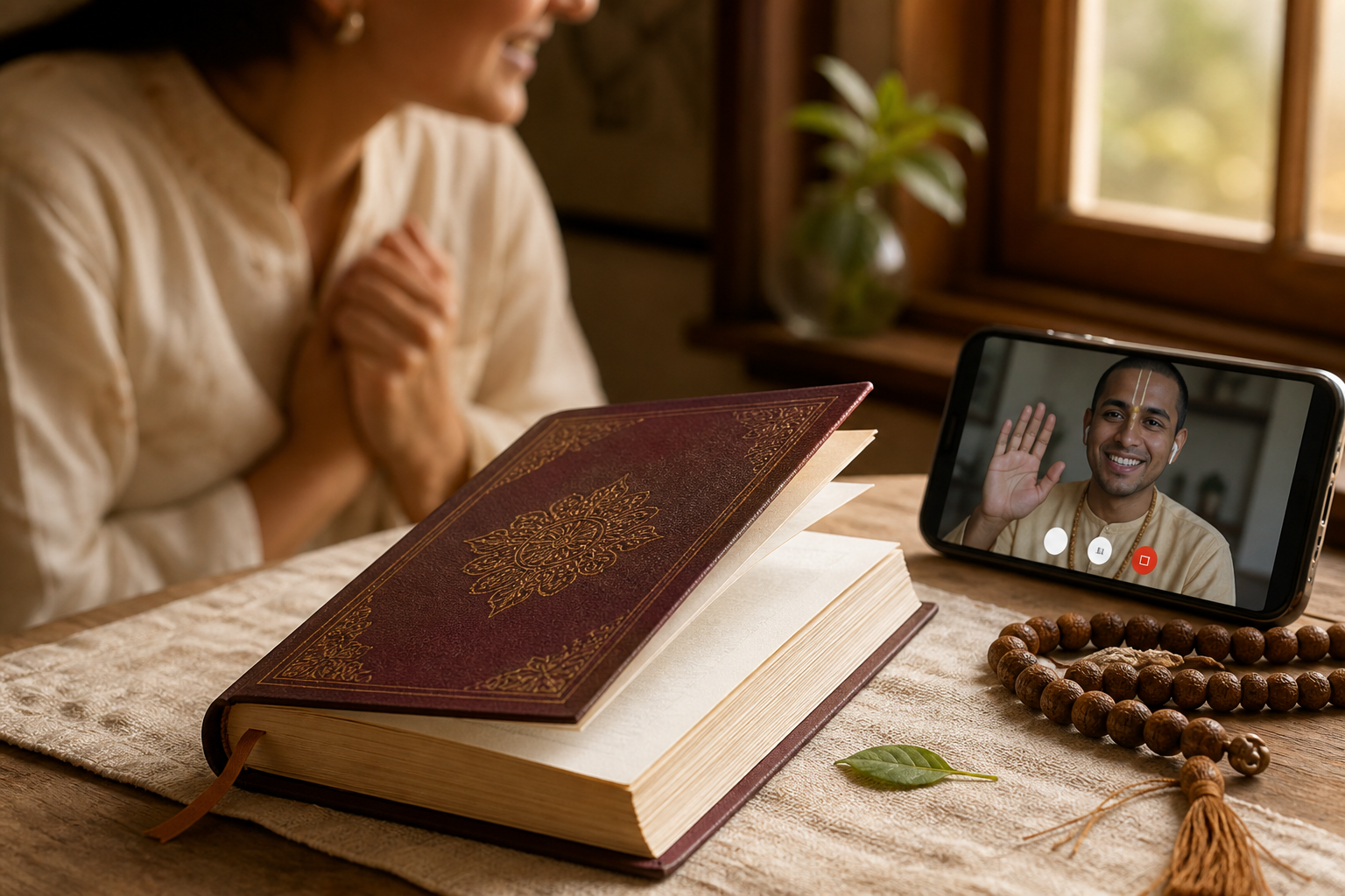 An open devotional book, prayer beads and a smartphone sit on a table while the recipient speaks with a devotee by video in the background.