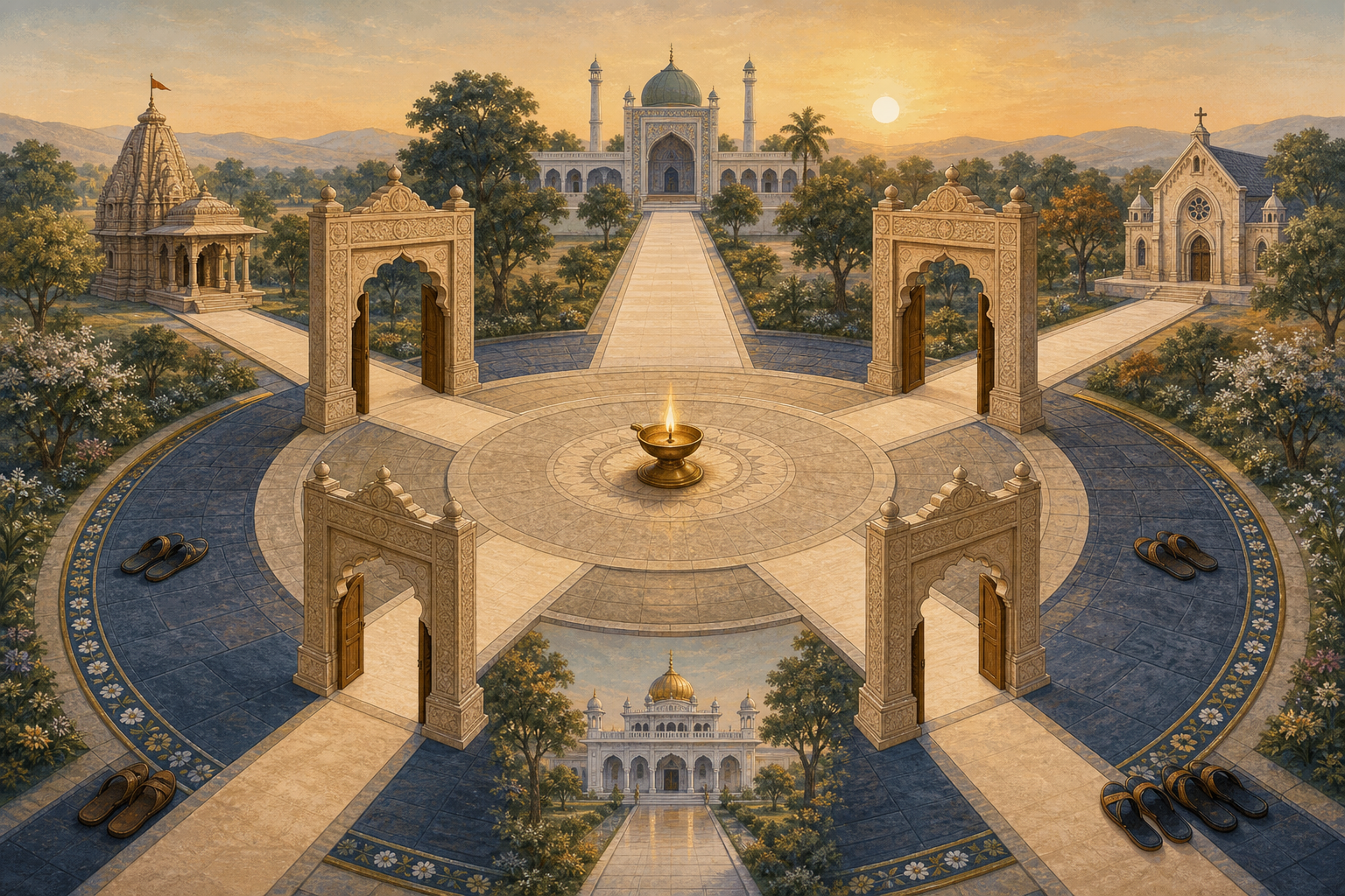 Four equally lit paths lead from a central oil lamp toward different places of worship in a symmetrical stone courtyard.