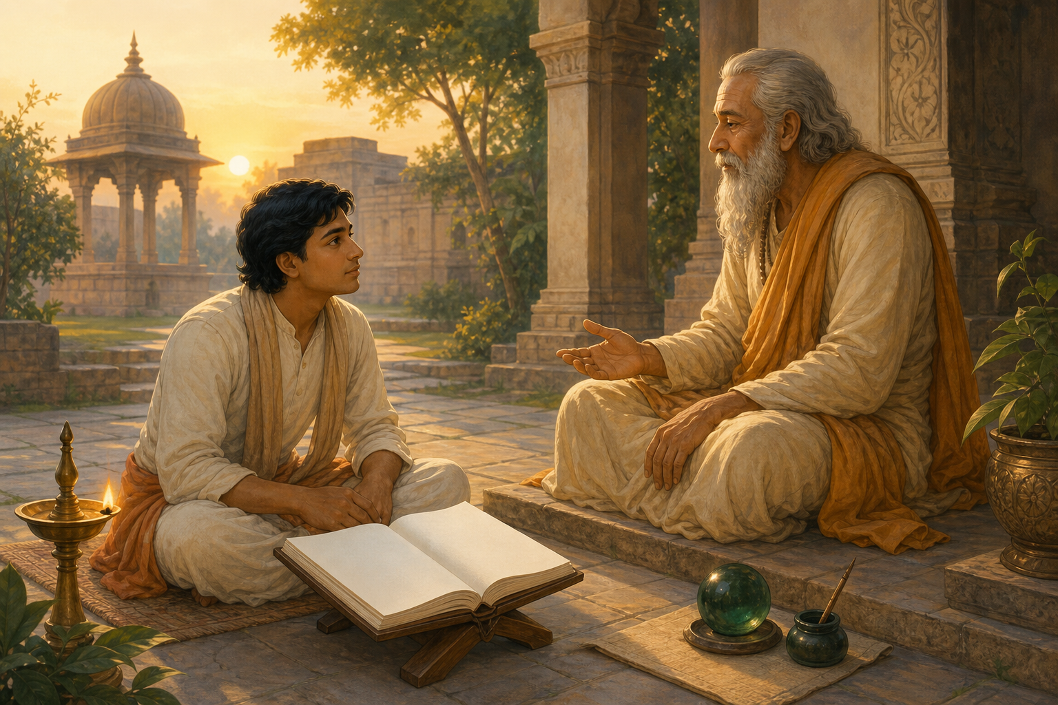 A student listens to an older teacher in a sunlit courtyard beside books, a writing reed, an oil lamp, and a green sphere.