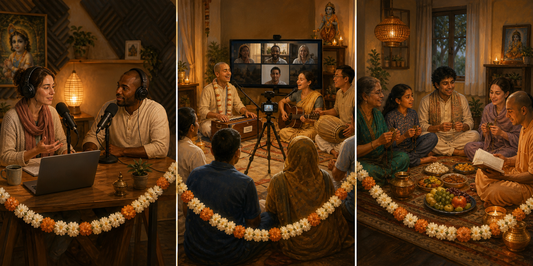 Three scenes show a spiritual podcast recording, a hybrid kirtan and a small neighborhood devotional gathering.
