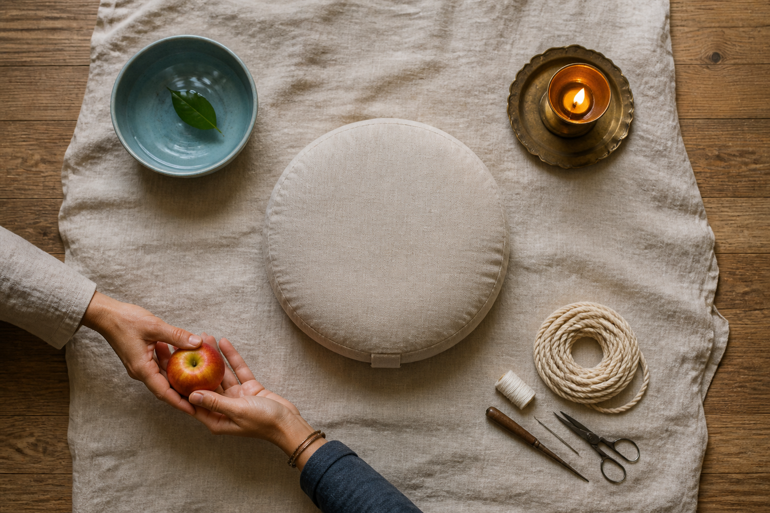 An overhead arrangement surrounds a meditation cushion with water, a lamp, shared fruit, thread, and simple work tools.