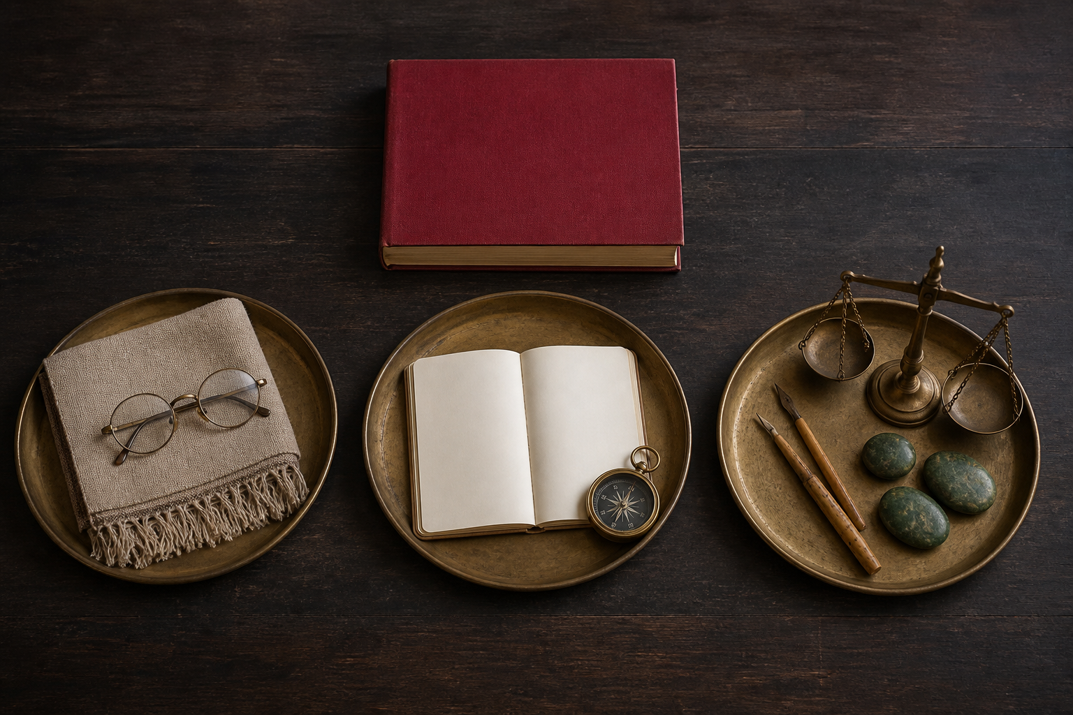 Three separate brass trays hold objects representing an elder, higher learning and travel, and practical communication.