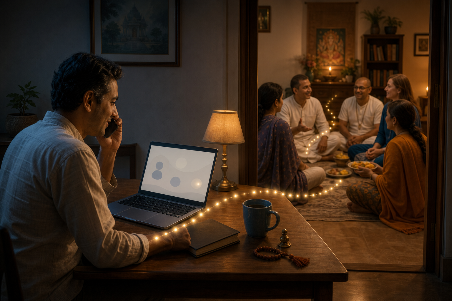 A devotee follows up by phone at a laptop while a newcomer is welcomed into a nearby study and prasadam circle.