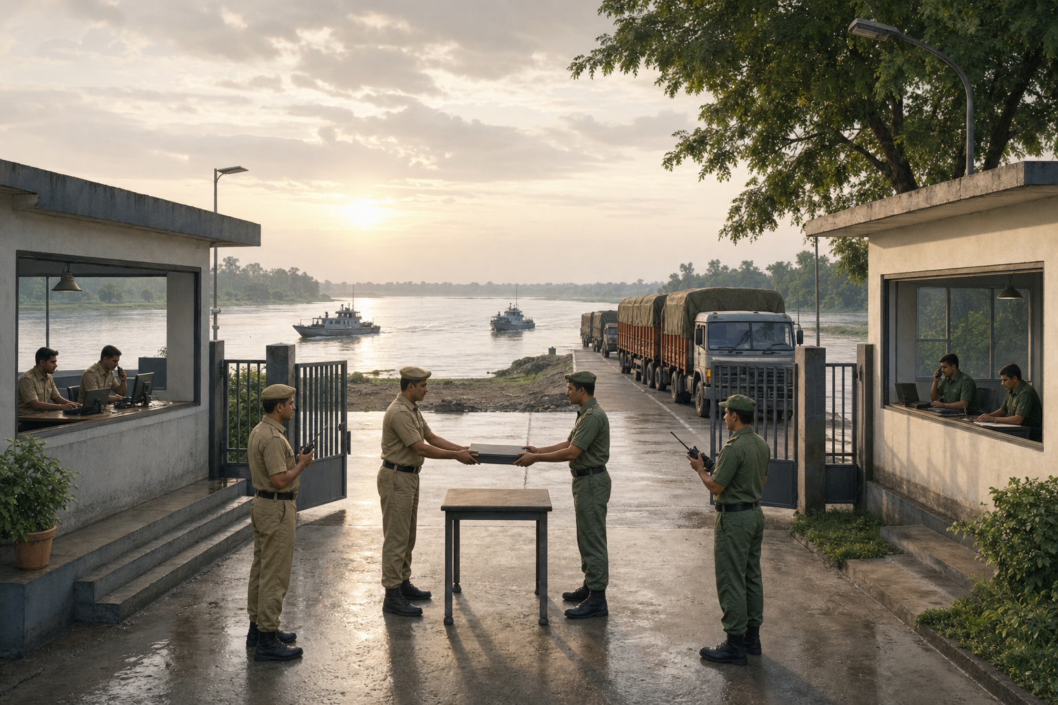 Editorial illustration of Indian and Bangladeshi security teams coordinating at an open riverside border checkpoint as boats and freight traffic pass nearby.