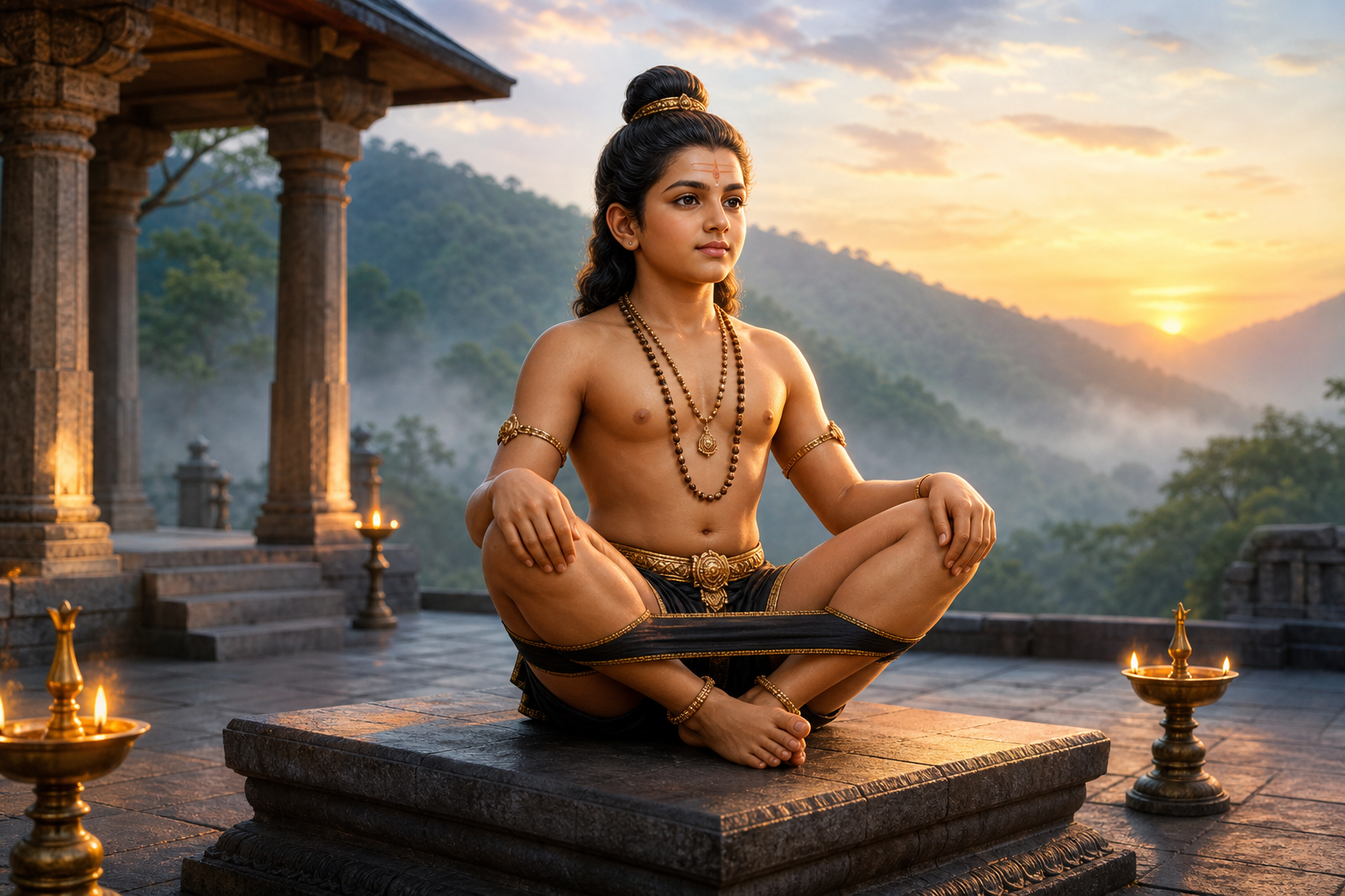 A three-quarter view shows Lord Ayyappa's stable seat, raised knees, supporting yogapatta, upright spine, and relaxed upper body.