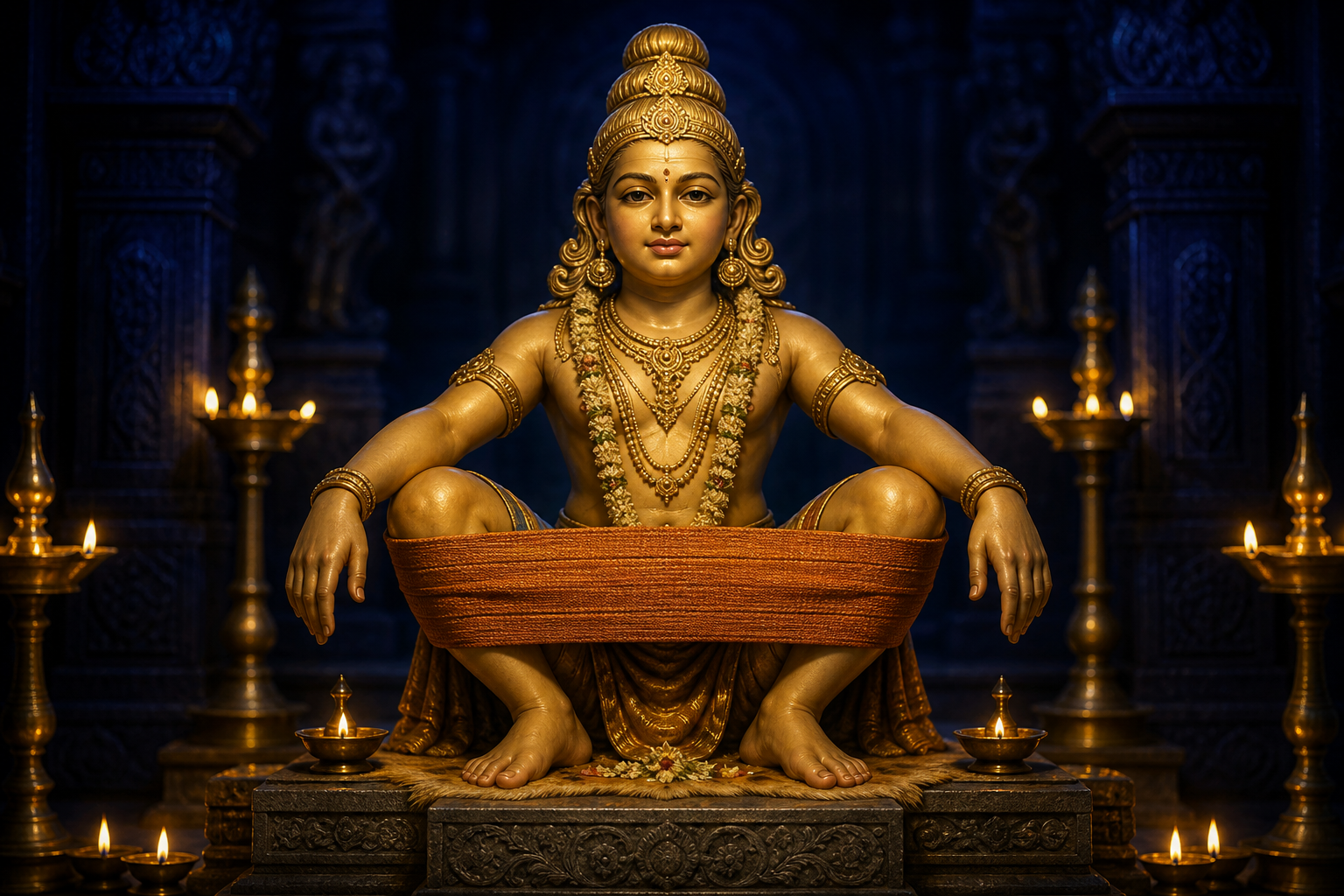 A close view shows the woven yogapatta supporting Lord Ayyappa's raised knees while he sits upright and composed.