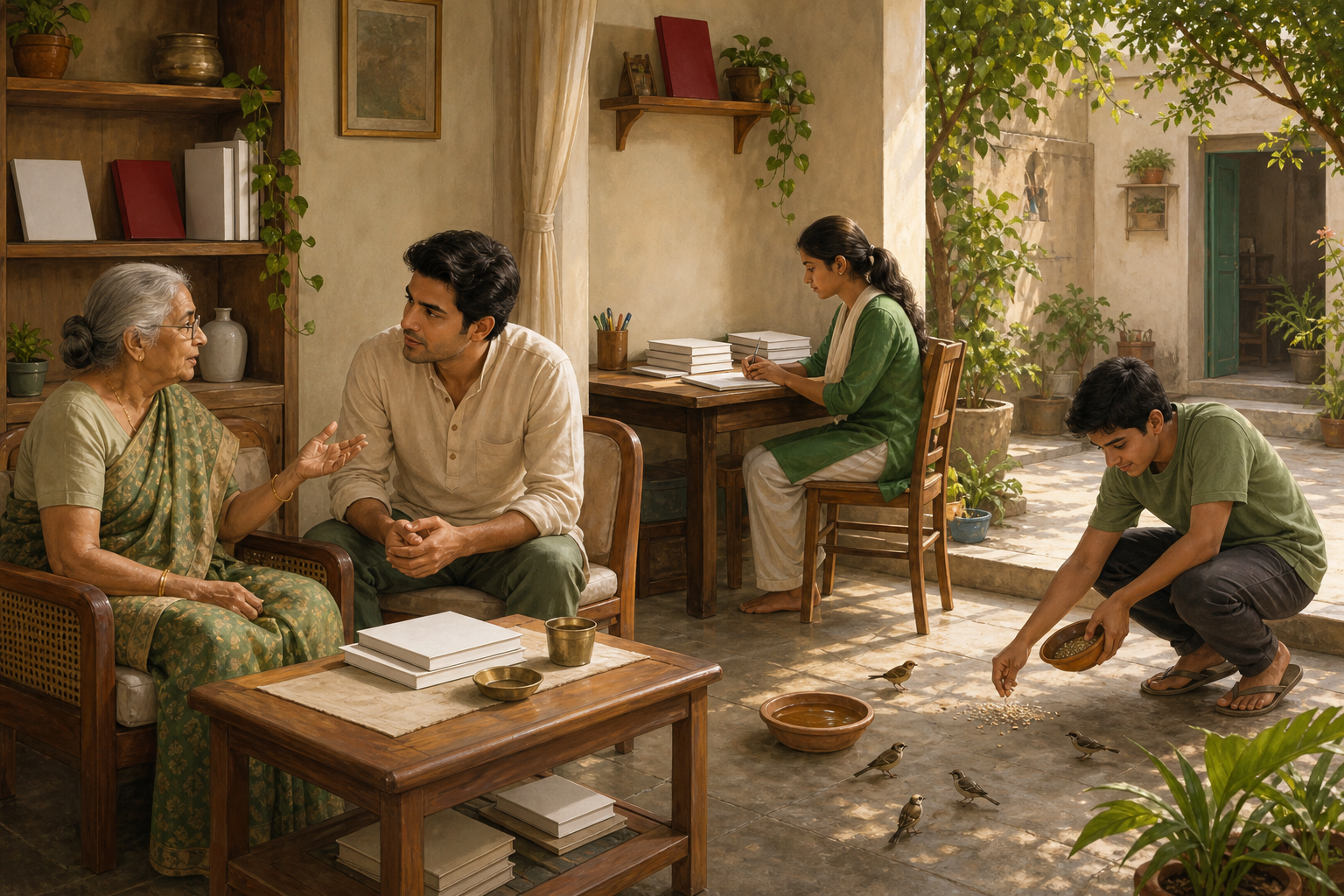 Family members listen to an elder, study at a desk, and set out grain and water for birds in a quiet courtyard.