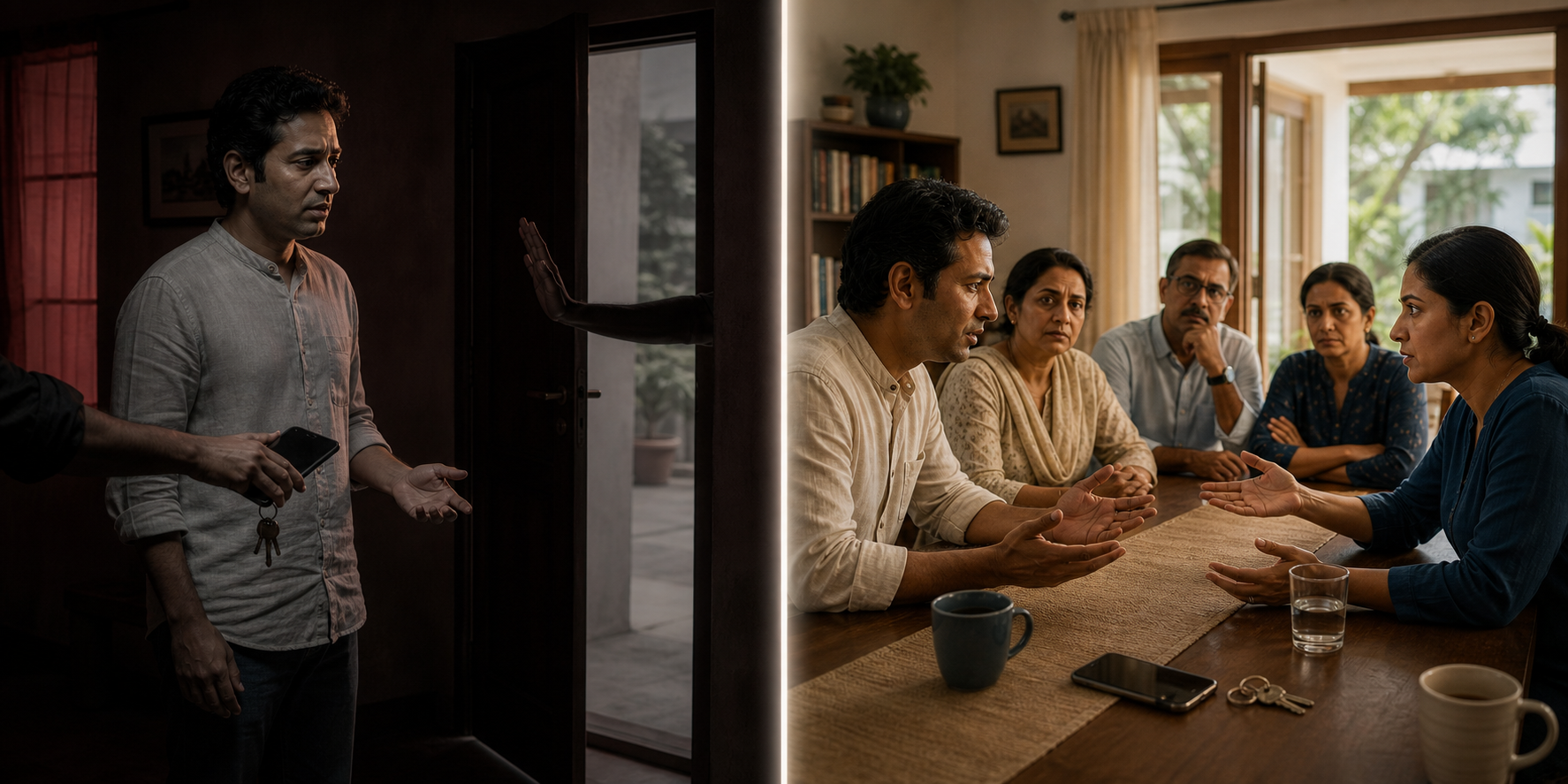A split scene contrasts an isolated adult whose phone and keys are being taken with a tense but open family discussion in a bright room.
