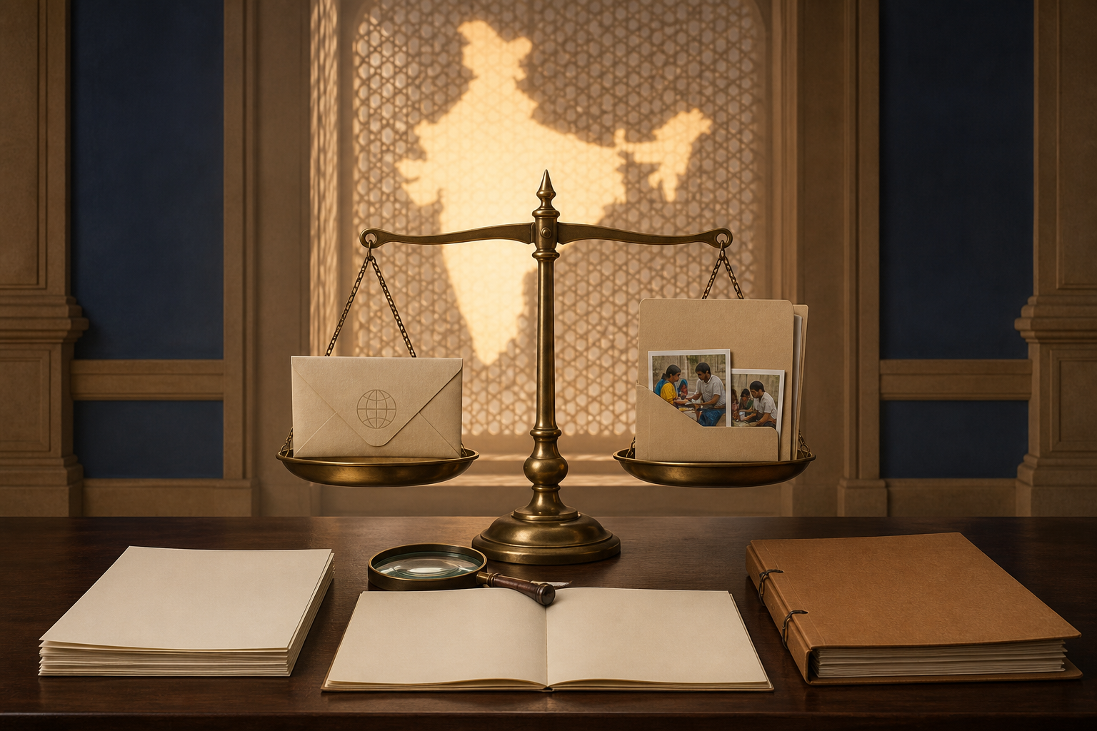 A brass balance scale weighs an international remittance envelope against an NGO project folder in a formal review chamber, with financial records and a magnifying glass below.