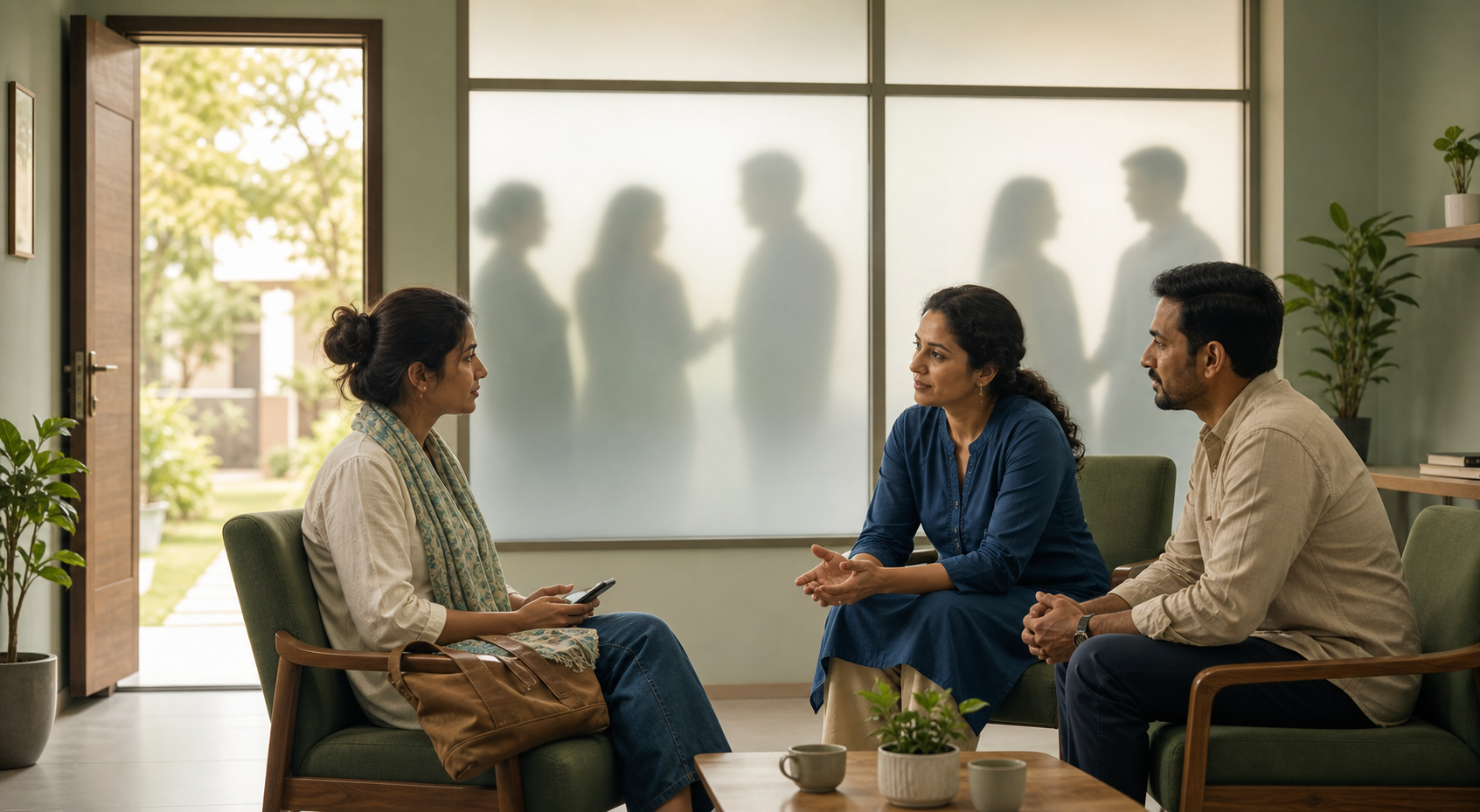 An adult speaks privately with a counselor and legal support professional while relatives and a partner wait beyond a frosted glass partition.