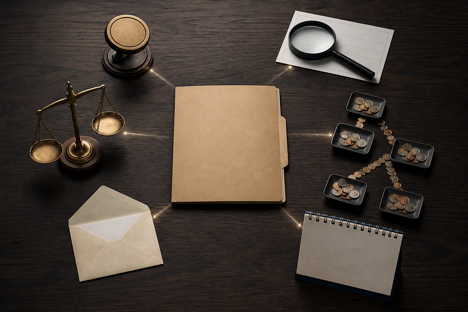 An unlabeled case folder is surrounded by six evidence objects, including a seal, bank slip, coins, calendar, envelope and balance scale.
