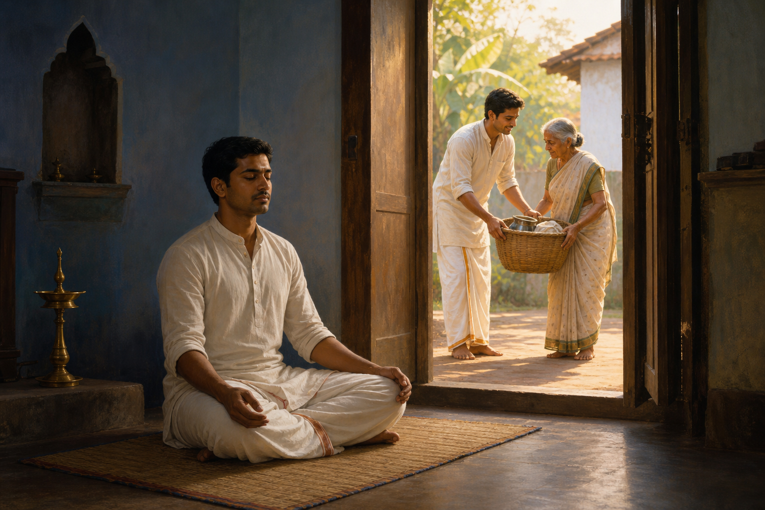 A pilgrim meditates on a mat inside a simple home while an open doorway reveals an act of assistance to an elderly family member.