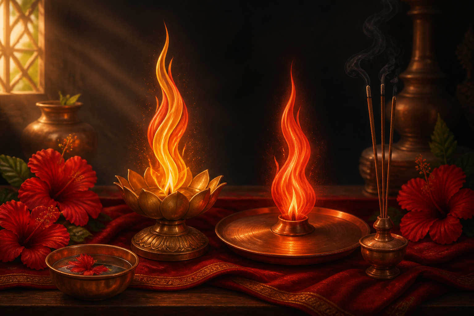 Two sacred flames glow above a brass lamp and copper disc on a simple altar decorated with red hibiscus flowers, incense, water, and crimson cloth.