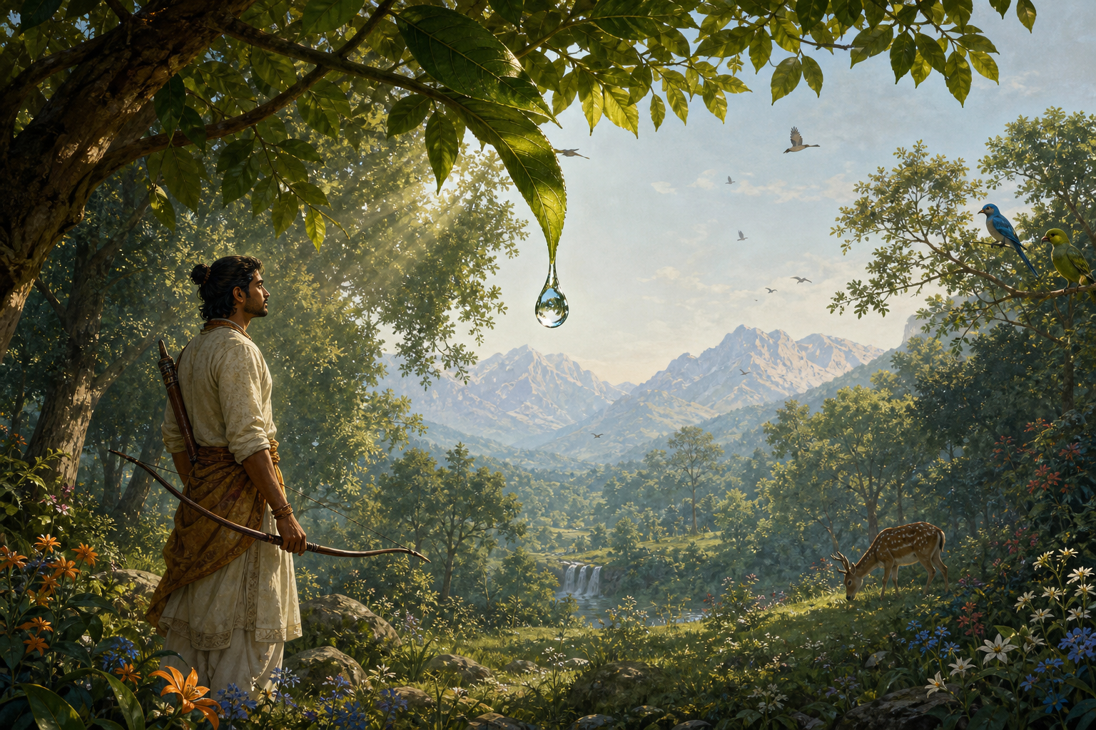 An archer in a forest clearing studies a dew drop on a leaf while birds, a deer, trees, and distant mountains remain visible around them.