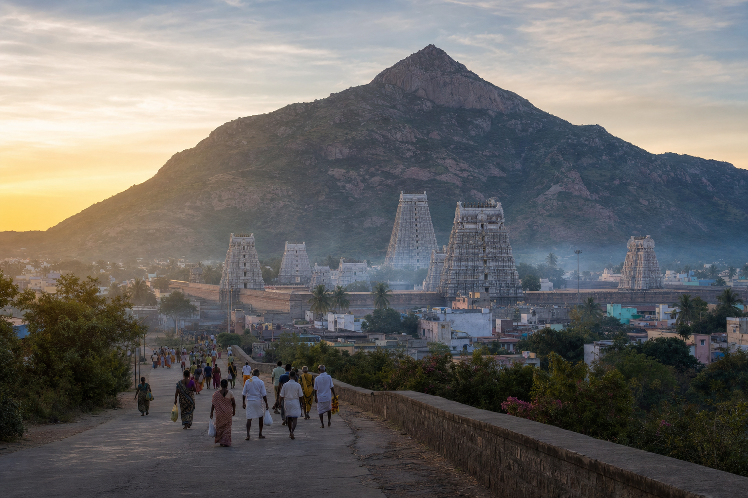 Arunachala hill and the gopurams of Arunachaleswarar Temple at dawn, with pilgrims walking toward the temple.