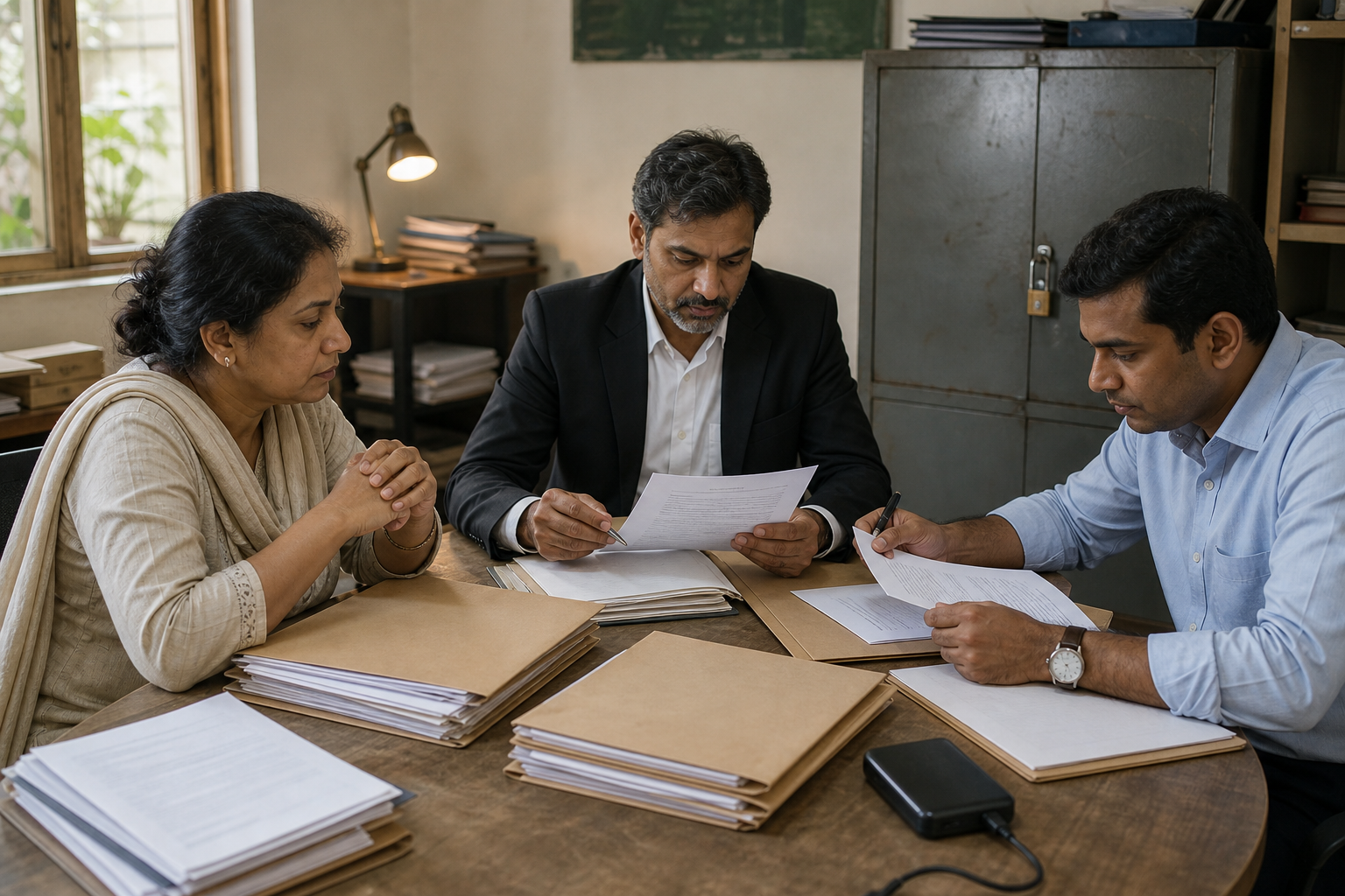 An NGO trustee, a lawyer and an accountant organise financial records and digital backups around an office table.