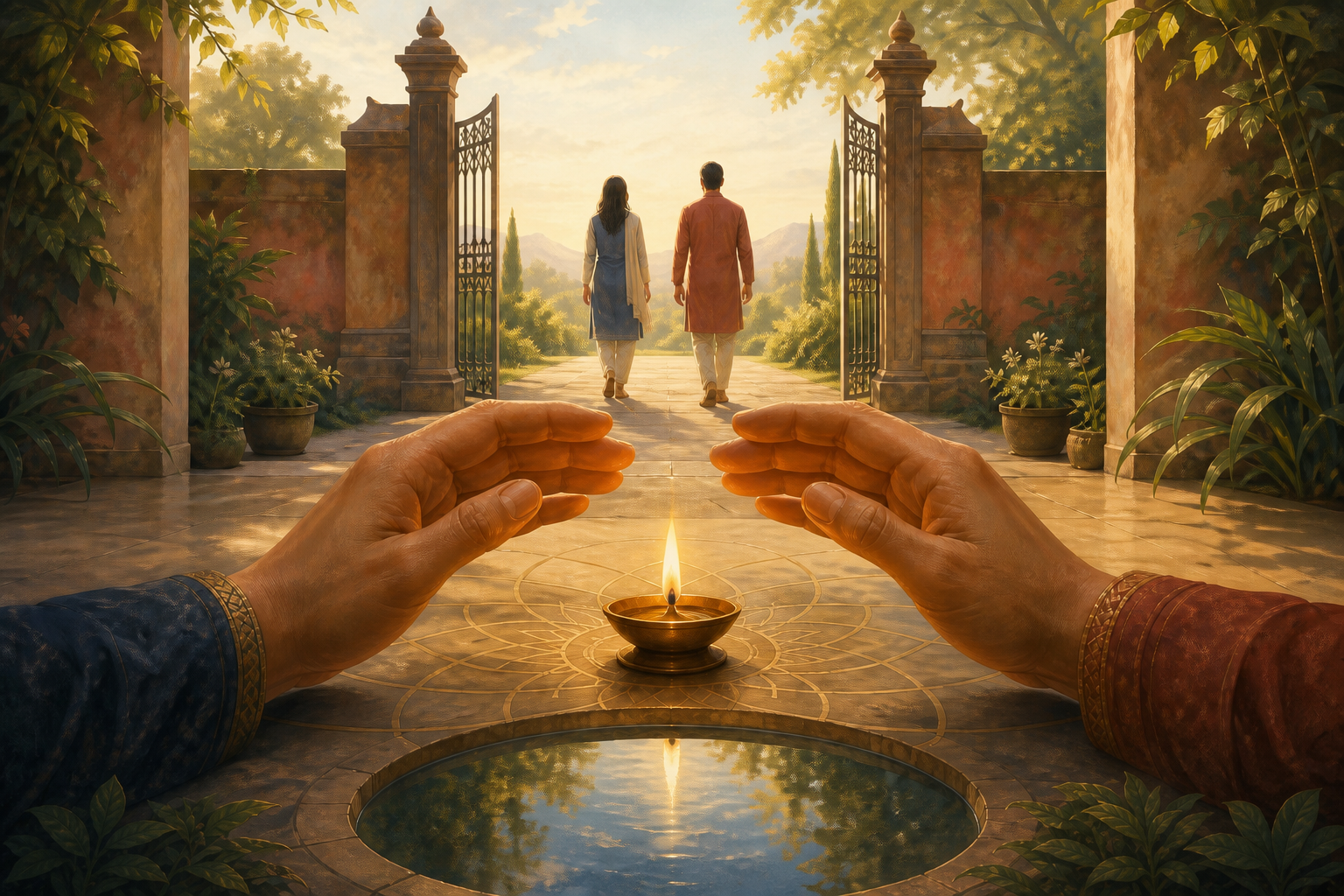 Open hands shelter a small oil flame as two adult figures walk side by side through an open garden gate into morning light.