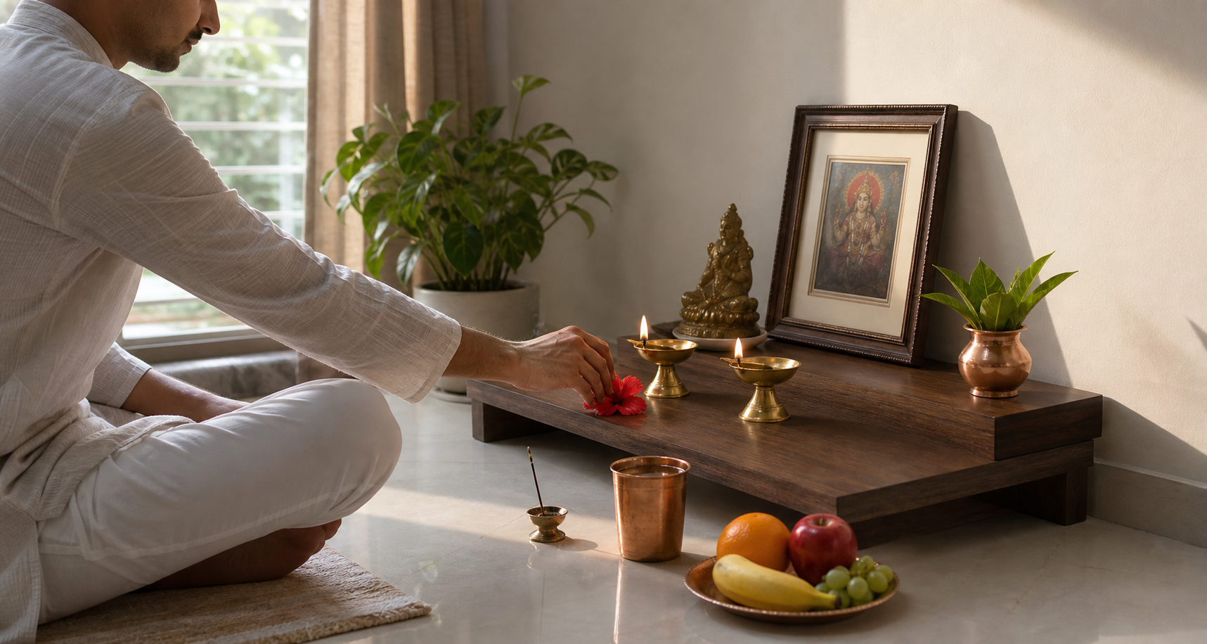 A seated devotee offers a red flower at a simple home altar with two oil lamps, a copper cup, incense, and fruit.
