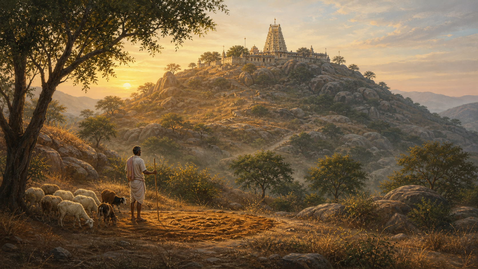 Illustration of a shepherd and sheep below a hill temple at dawn, with a subtle glow rising from disturbed earth.