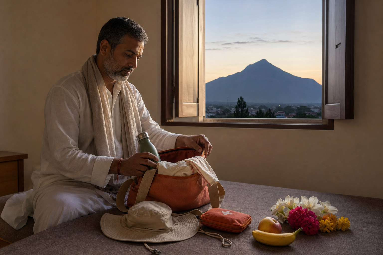 A pilgrim prepares water, a shawl, a hat, first-aid supplies, fruit, and flowers in a guest room overlooking Arunachala.