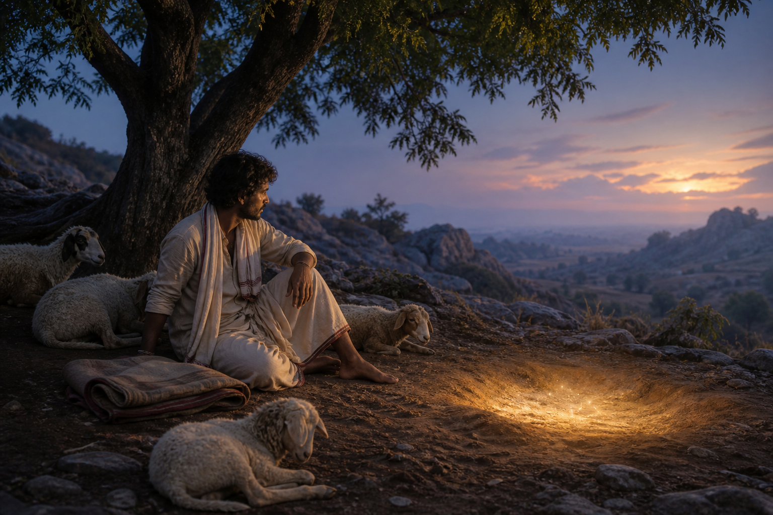 A shepherd awakening beside his flock and looking toward a softly glowing patch of earth on a rocky hill.