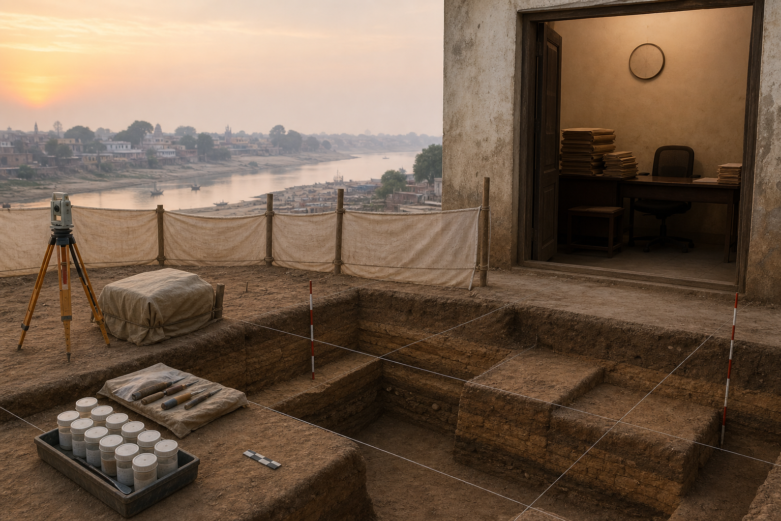 A paused archaeological trench with survey equipment and sealed sample containers stands beside an administrative office with unmarked folders, with a North Indian riverfront skyline in the distance.