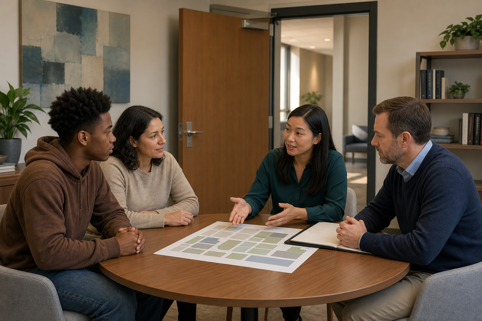 A student and support person meet with campus officials around a table to discuss safety options and follow-up.