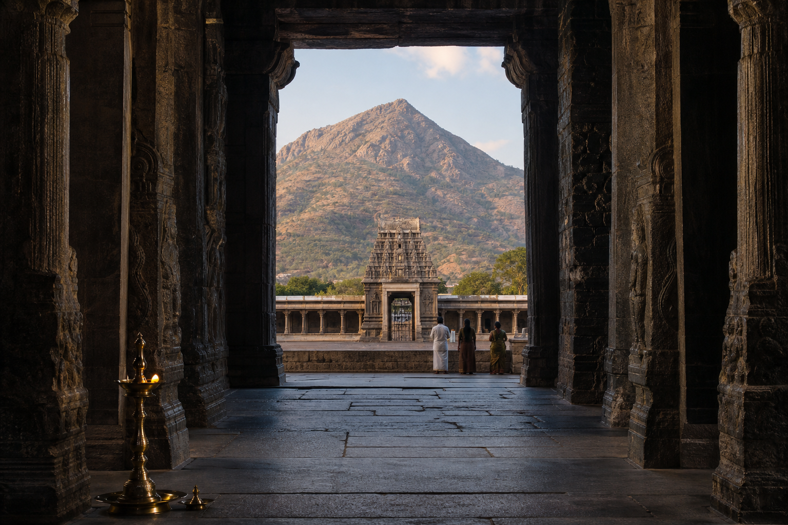 A stone corridor and gateway of Arunachaleswarar Temple frame a view of Arunachala hill, with worshippers and an oil lamp nearby.
